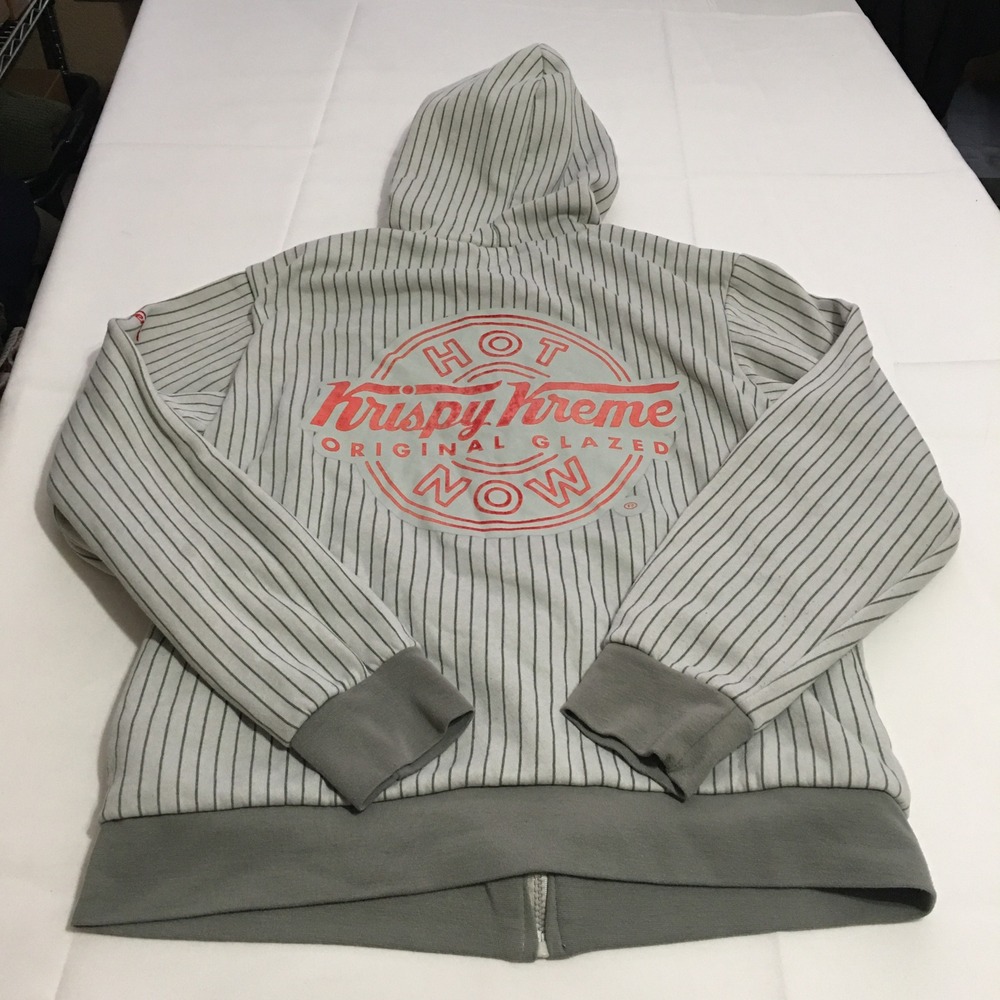 Krispy Kreme Hoodie Full Zip Mens Medium Gray Pinstripe Graphic Logo